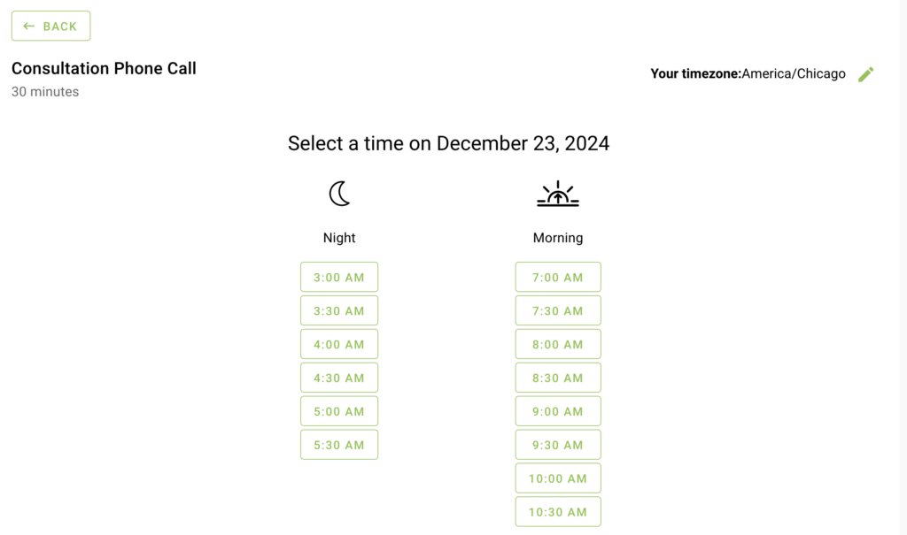 Day long window only displaying available time slots for the day that we selected in the Availability Window settings.