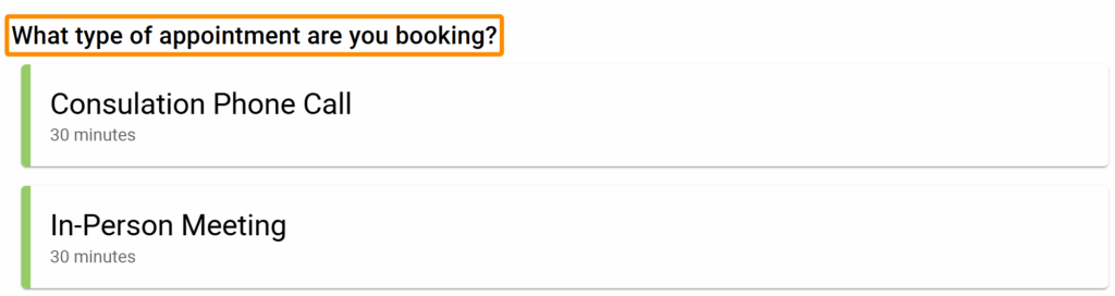 Screenshot depicting what type of appointment is being booked header.