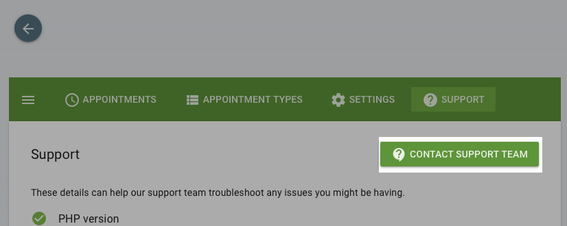 Screenshot depicting the location of the contact support team button and how it can be white labeled.