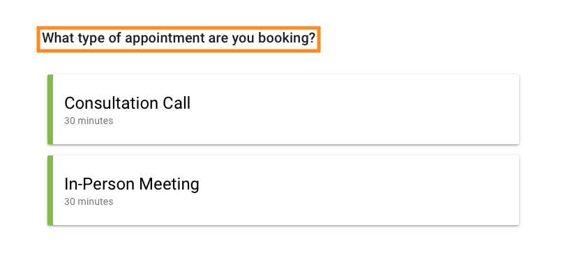 Screenshot depicting what type of appointment is being booked header.