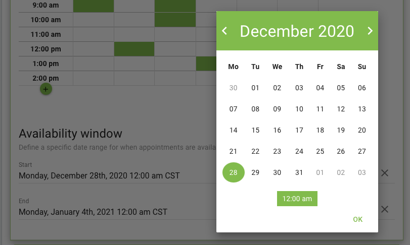Selecting a Start Date for the week-long Availability Window in the Appointment Type Settings