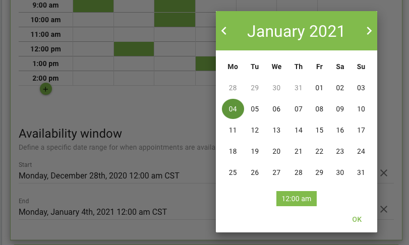Selecting an End Date for the week-long Availability Window in the Appointment Type Settings