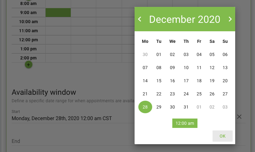 Selecting a start date for the day-long availability window in the appointment type settings