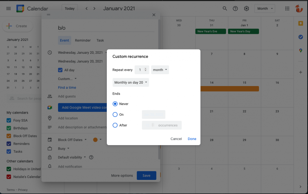 Setting up an event in Google Calendar and adding a recurring rule to the event
