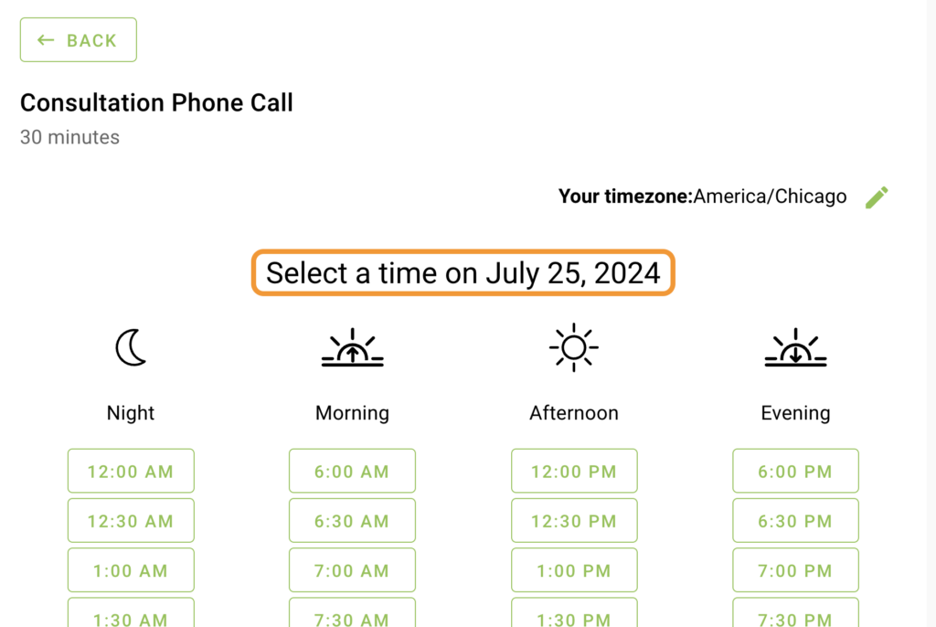 Select a time heading highlighted on time selection screen.