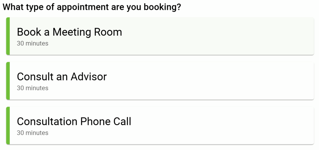 List of appointment types displayed on a page, default layout.