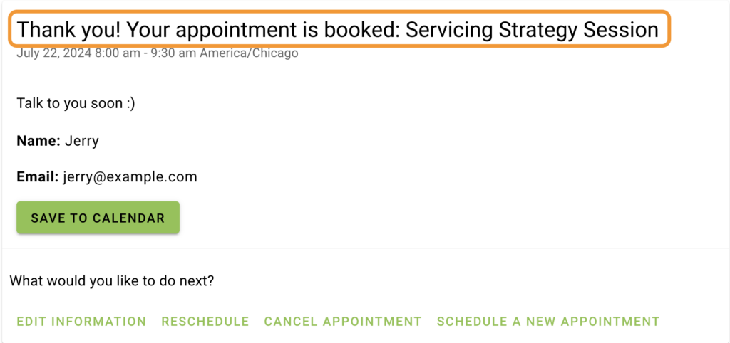 "thank you! your appointment is booked:..." header is highlighted.