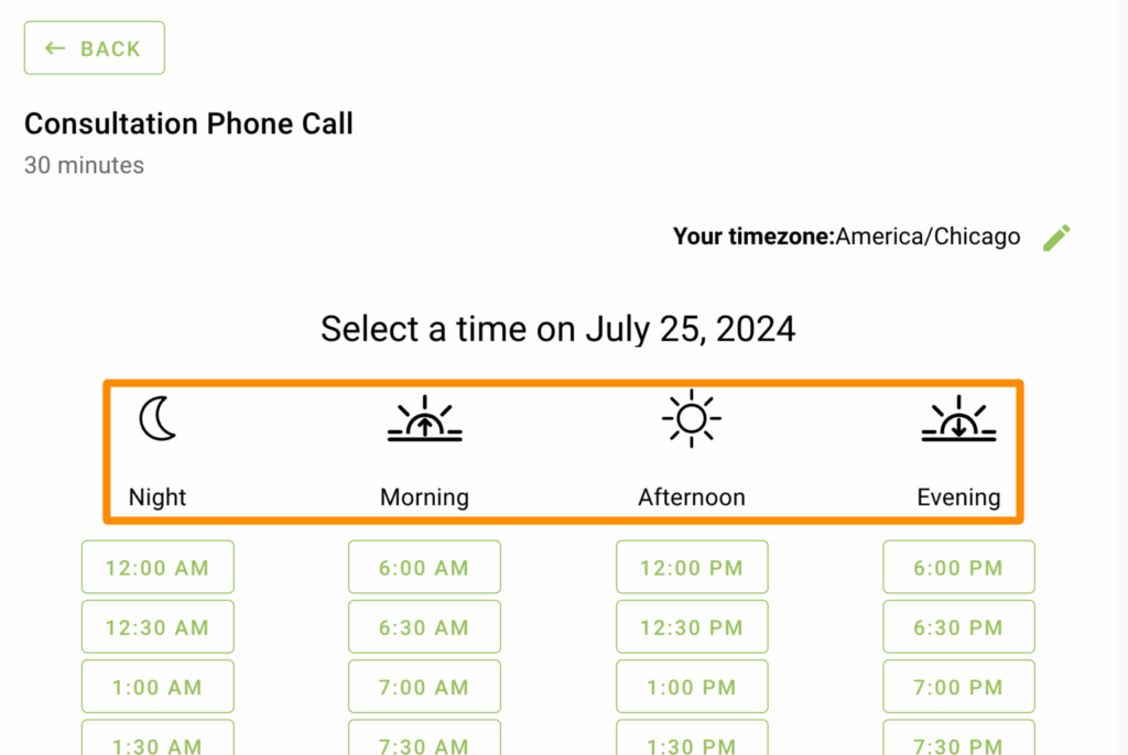 The time category icons and headings are highlighted on the time selection screen.