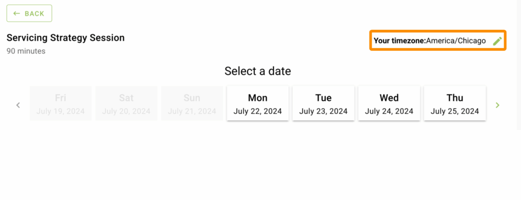 Your Timezone dropdown element highlighted on the top right corner of the date selection screen.