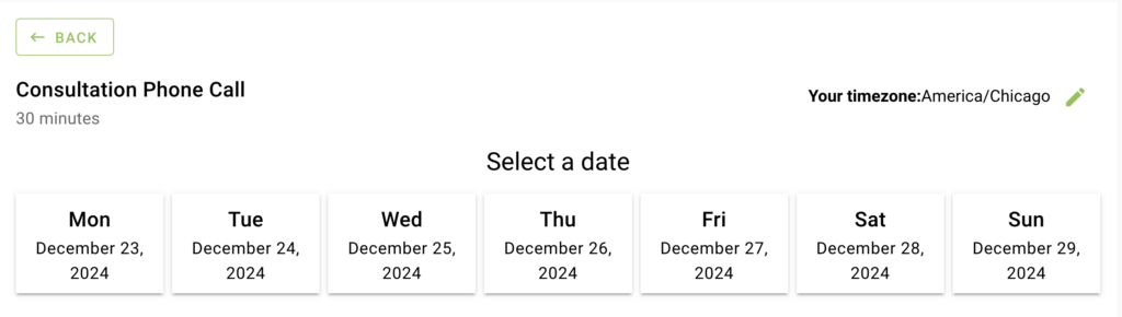 Week long window only displaying available dates between the Monday and Sunday that we selected in the Availability Window settings.