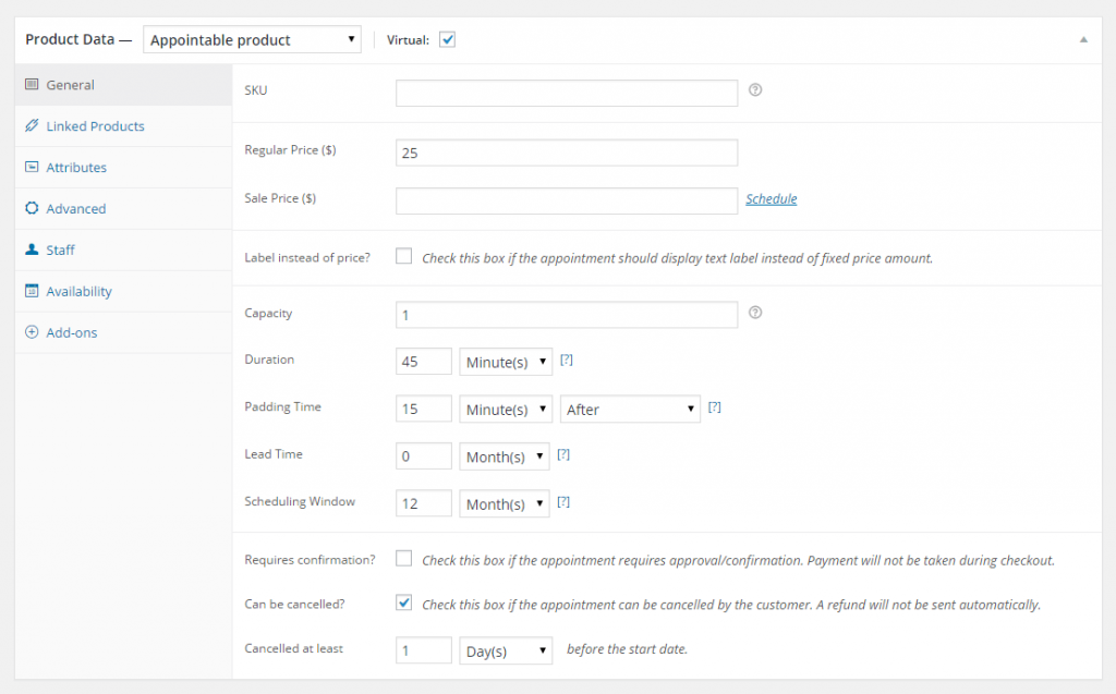 The WooCommerce Appointments WordPress settings