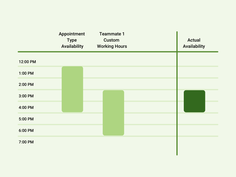 Showing the overlap between the Appointment Types Hours and the Team member Hours and the Availability that the Booking Calendar will have, and how the custom working hours works.