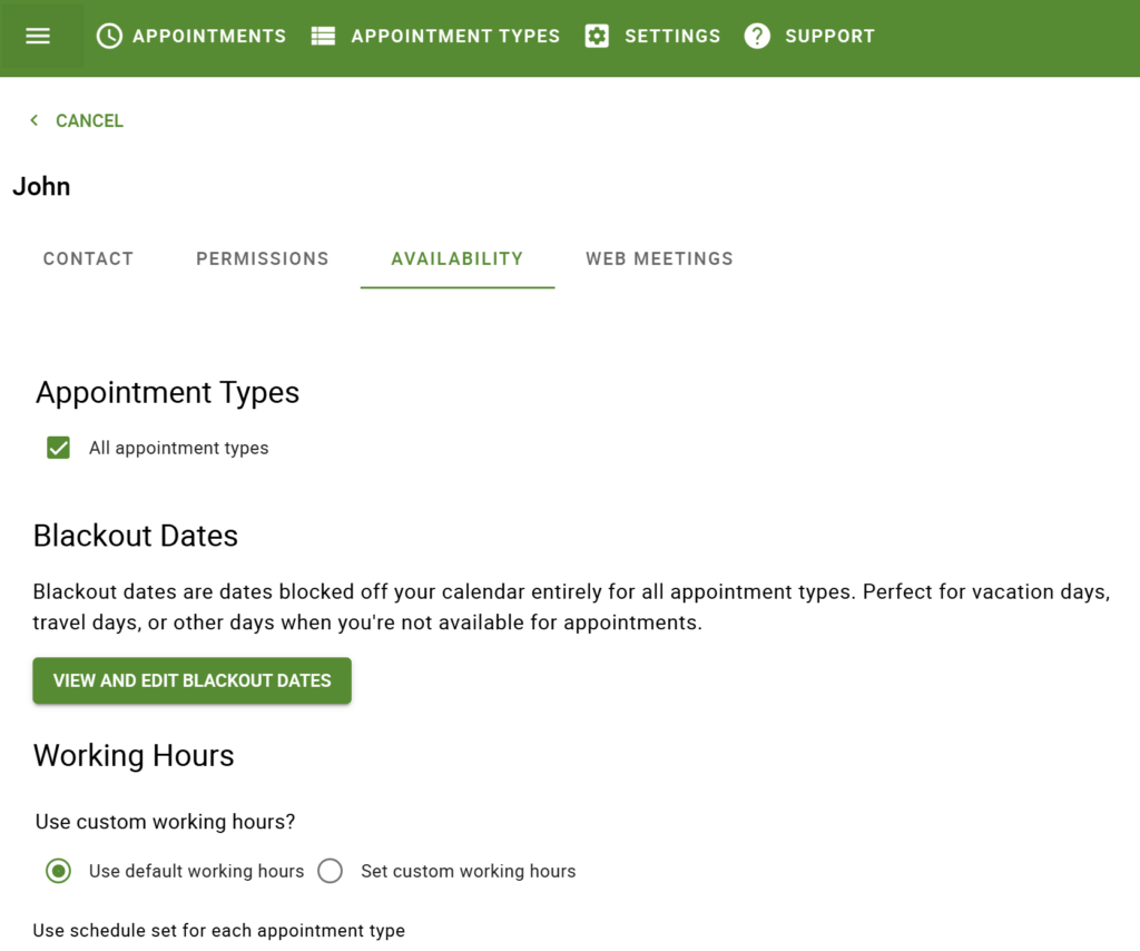 Availability Tab in the Team Member Editor that displays the custom working hours option.