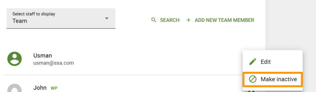 Click Cog dropdown to use the Make inactive button in the Team member listing page
