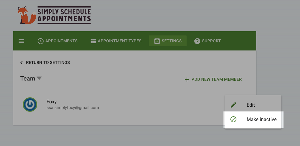 Click Cog dropdown to use the Make inactive button in the Team member listing page