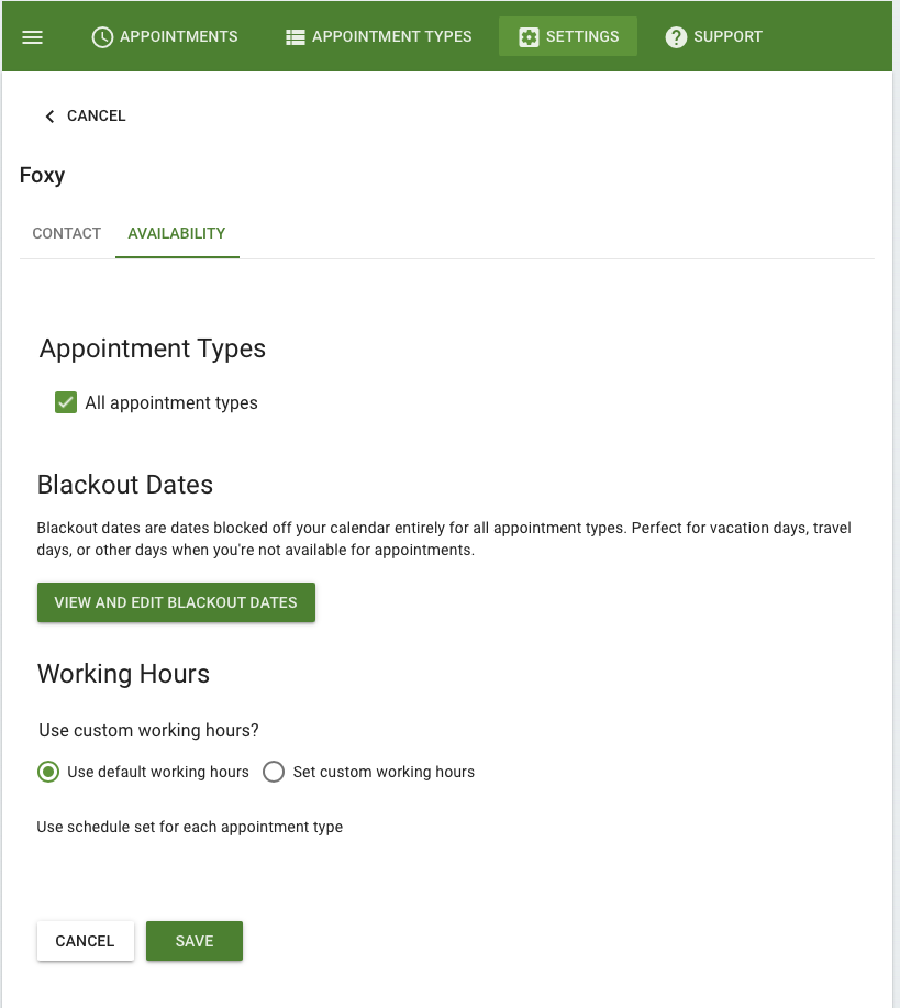 Availability Tab in the Team Member Editor that displays the custom working hours option