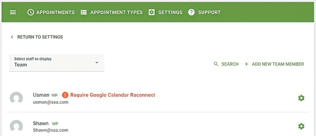 Reconnect Google Calendar is displayed in the Team Settings option
