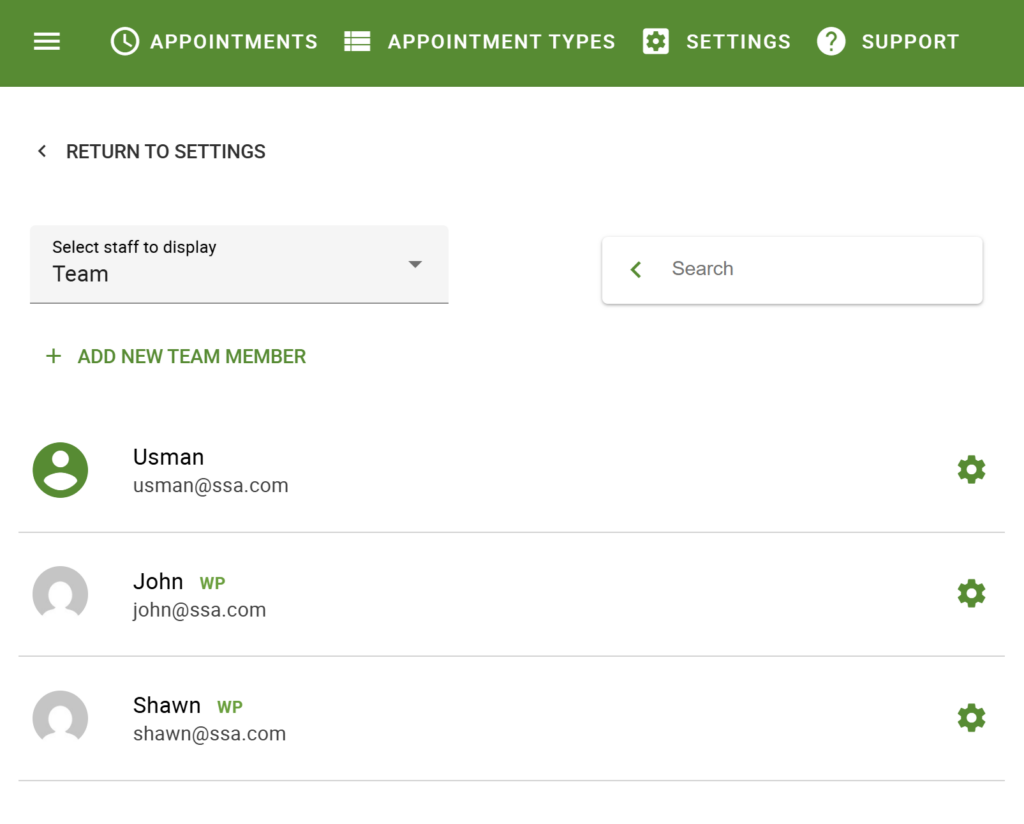 Team Member page depicting several team members already created.