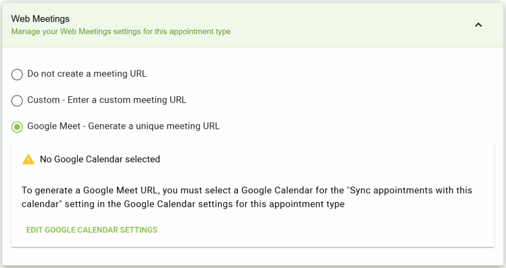 Screenshot depicting that no Google Calendar has been selected when a Google Calendar is not set up properly.