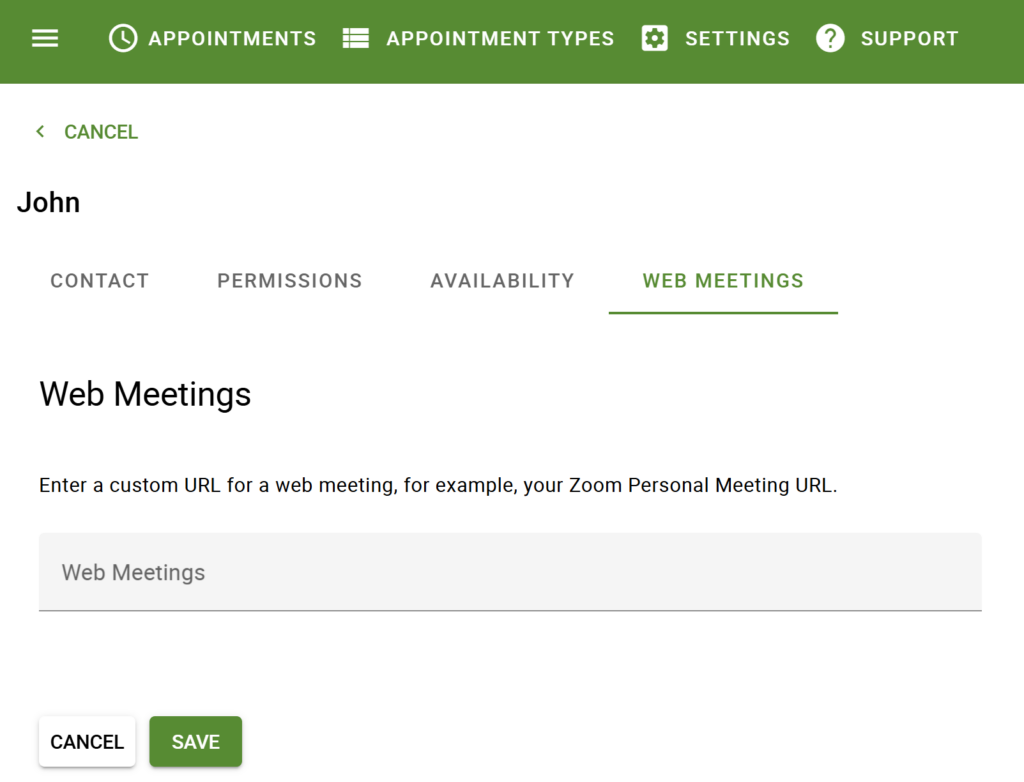 Web Meetings Tab in the Team Editor