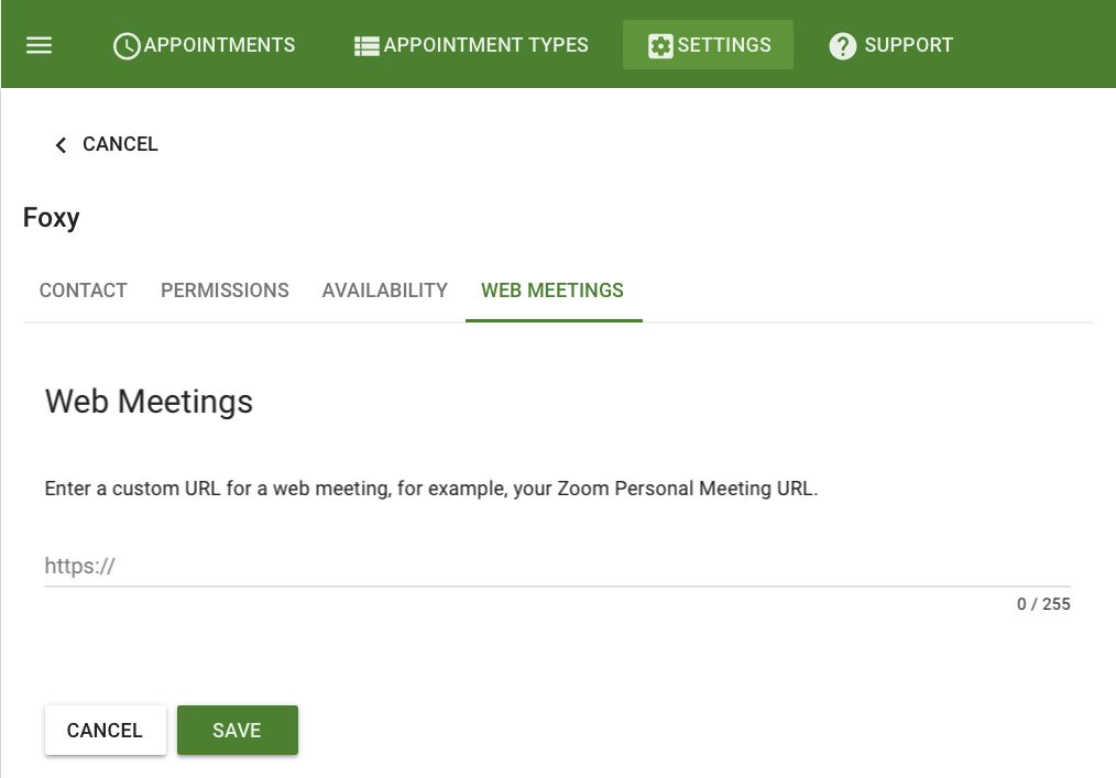 Web Meetings Tab in the Team Editor