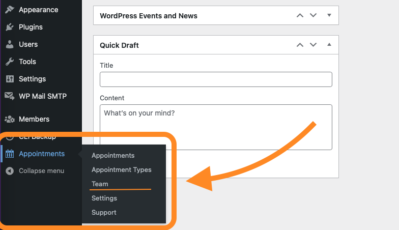 Screenshot of the Appointments tab on the WordPress Dashboard highlighting the Team menu item.