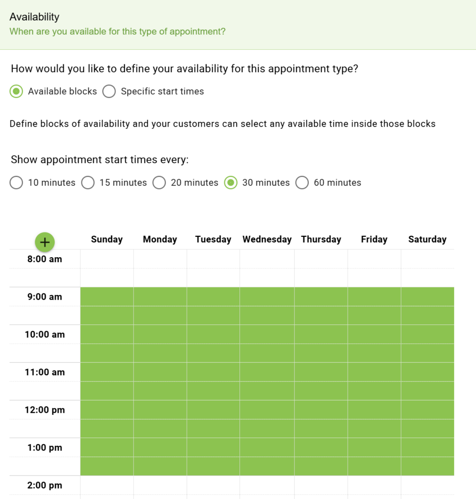 Screenshot depicting the Availability table to be selected during creation of the appointment type.