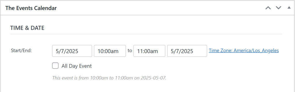 Screenshot depicting an event created in Events Calendar with the time and date.