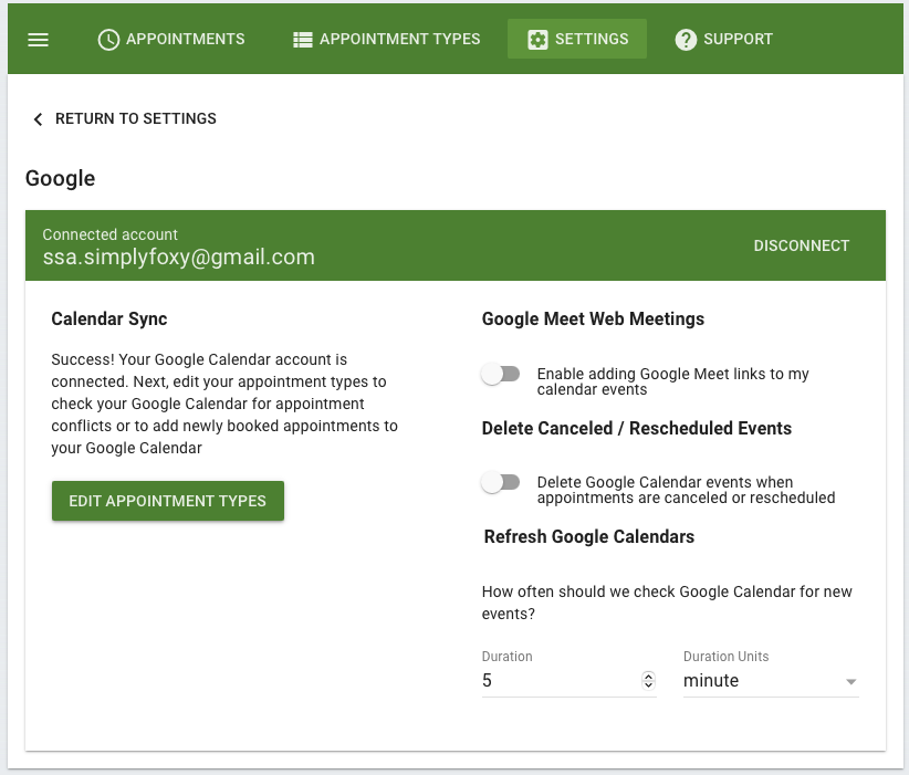 A screenshot depicting the Google Calendar information and settings, such as Web Meetings, the ability to cancel/reschedule events, and the Refresh Google Calendar rate.