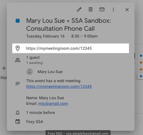 Google Event depicting a meeting URL added to the event.