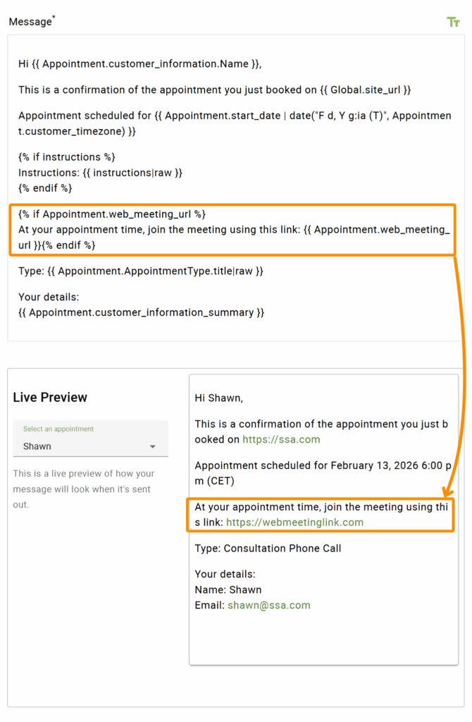 Screenshot displaying web meetings twig in use with conditional logic.