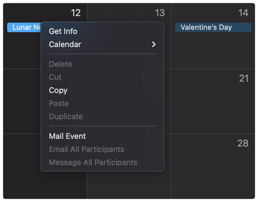 Mailing an event in Apple Calendar.