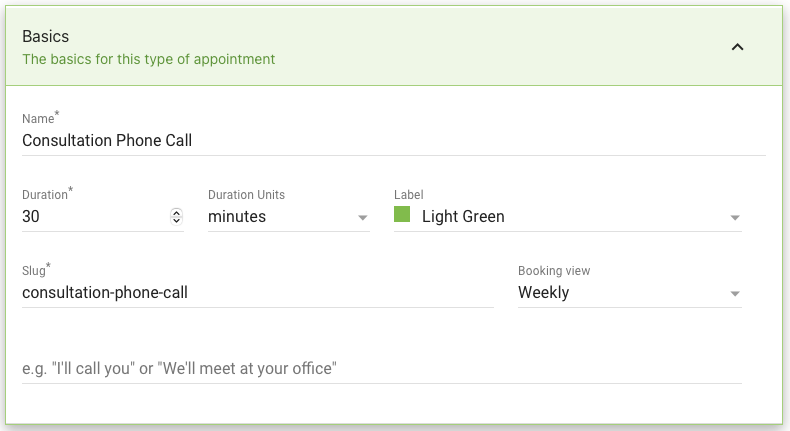 Basics Tab in the Appointment Type Settings