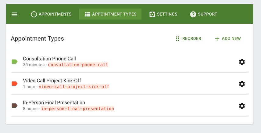 A screenshot displaying the appointment types clearly labeled with different colors.