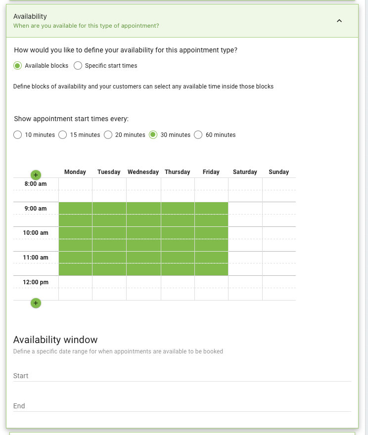 A screenshot depicting the Availability Tab of the Appointment Type.
