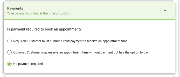 Screenshot displaying options within the Payments tab of the Appointment Type.
