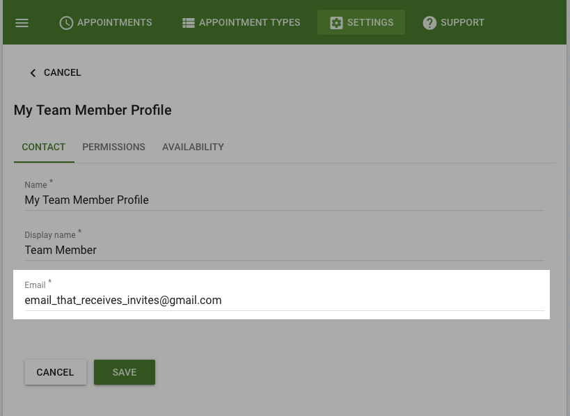 Screenshot depicting where to add email for Team Member.