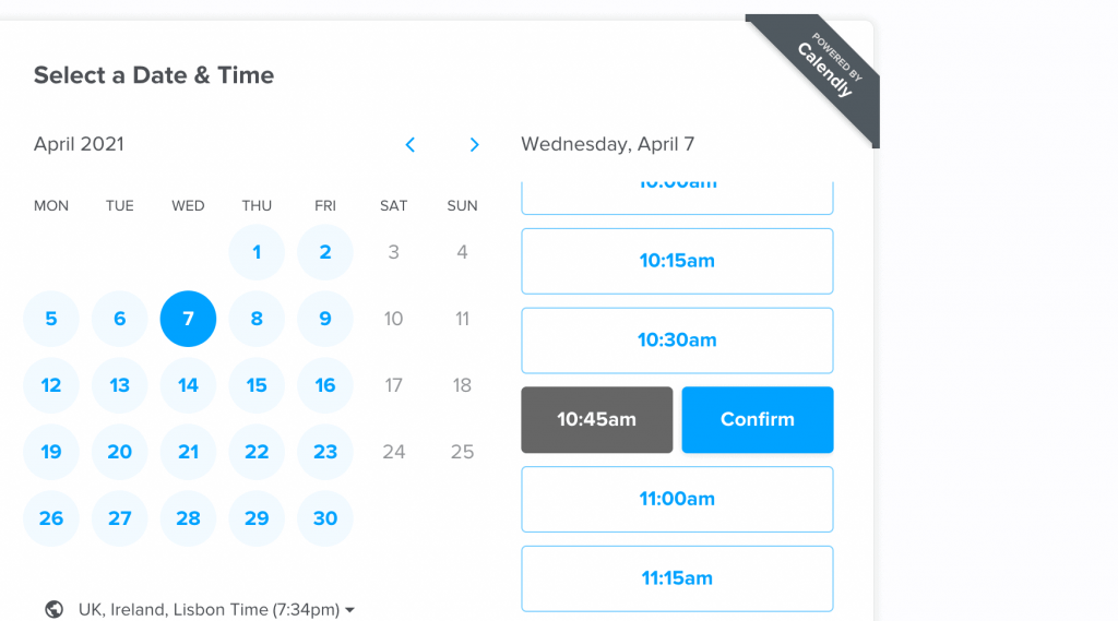 Booking a time and date in Calendly.