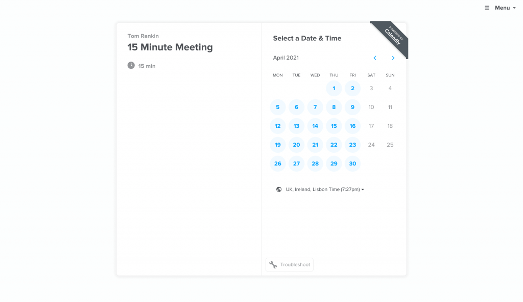 A Calendly booking page.