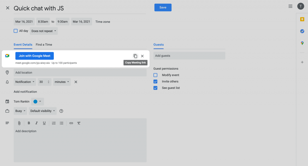 The Google Calendar creation screen.