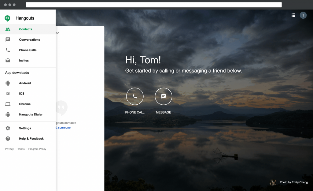 The Google Hangouts home page.