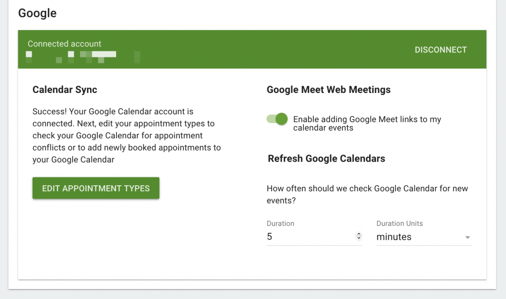 The Google screen in Simply Schedule Appointments.