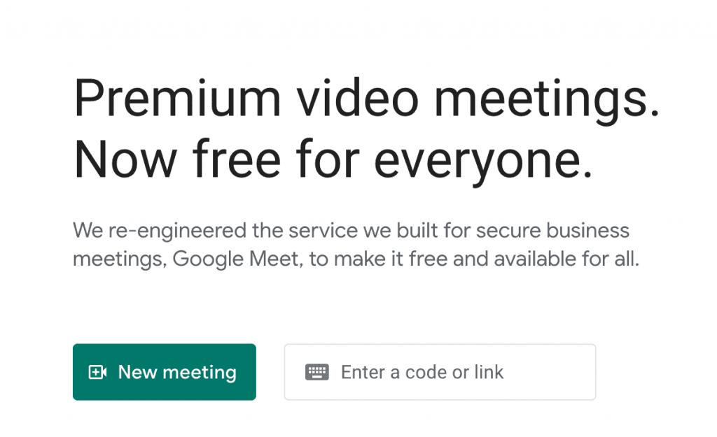 Google Meet's home page options.