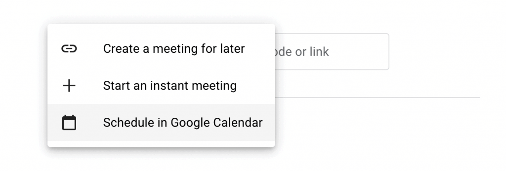 The options for setting up a Google Meet.