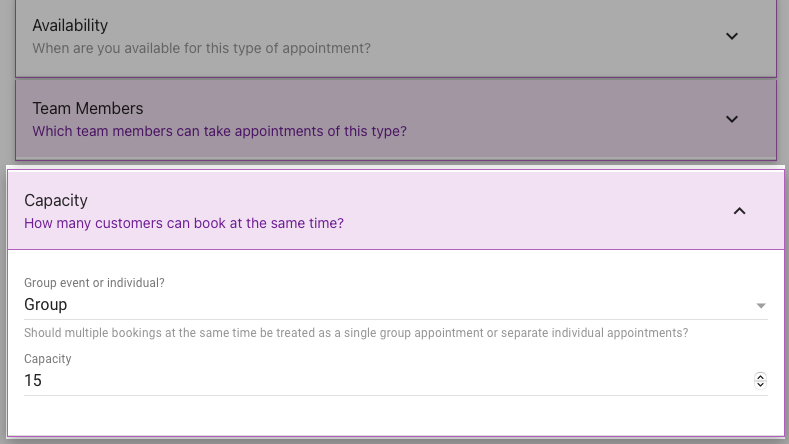 Screenshot depicting the capacity settings that can be set.