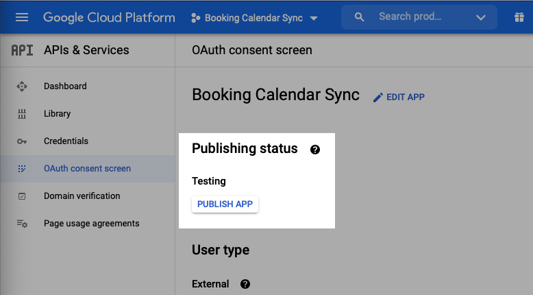 Screenshot depicting an example of the Publishing Status set to Testing. Click Publish App.
