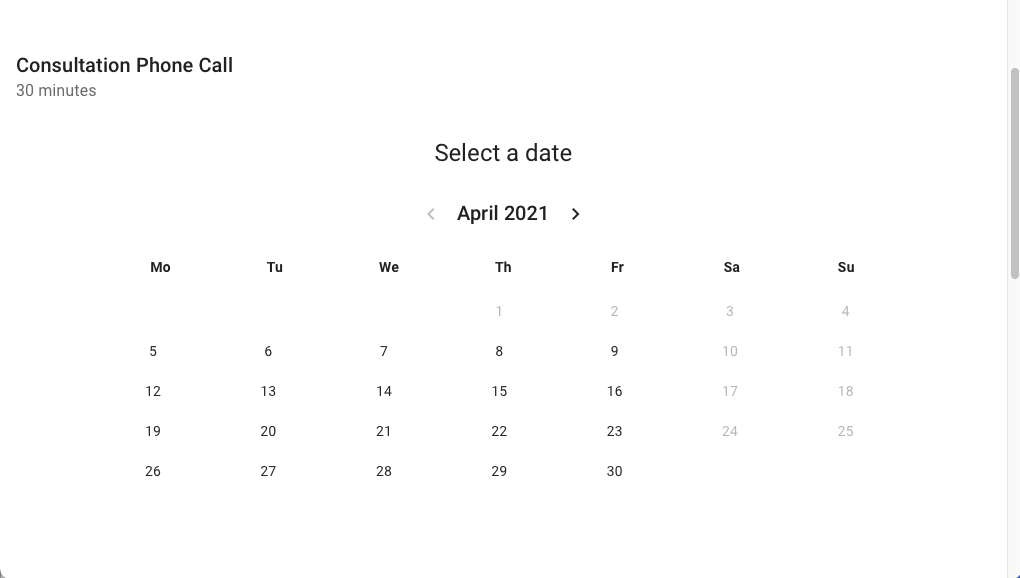 Screenshot displaying the booking calendar embedded.