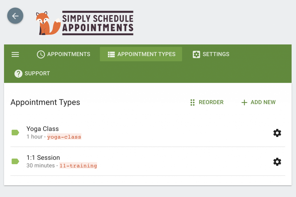The Simply Schedule Appointments dashboard with the two yoga booking calendars listed as Appointment Types