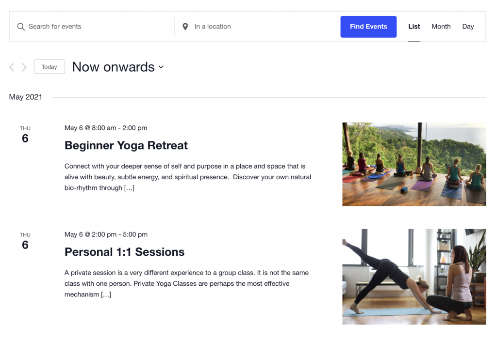 The Events Calendar event listing page with the two yoga events as demos