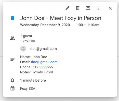A screenshot displaying an example of a Google Event created by an appointment booking.